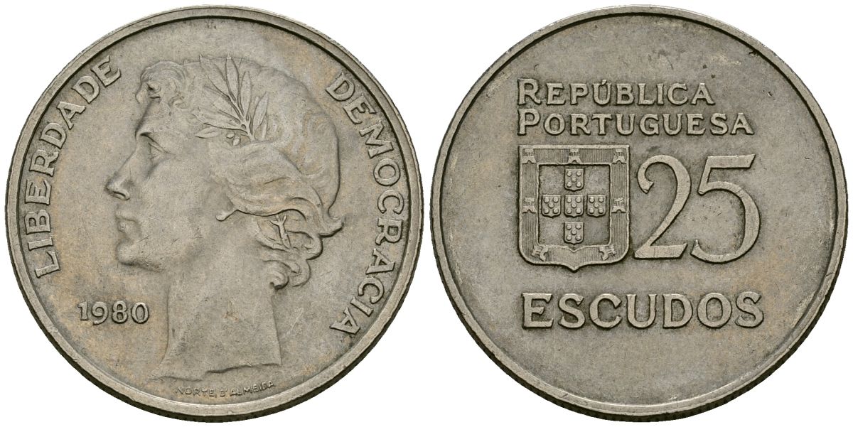 Португалия 25 эскудо 1980 первый год KM 607a медно-никель 4120-1024