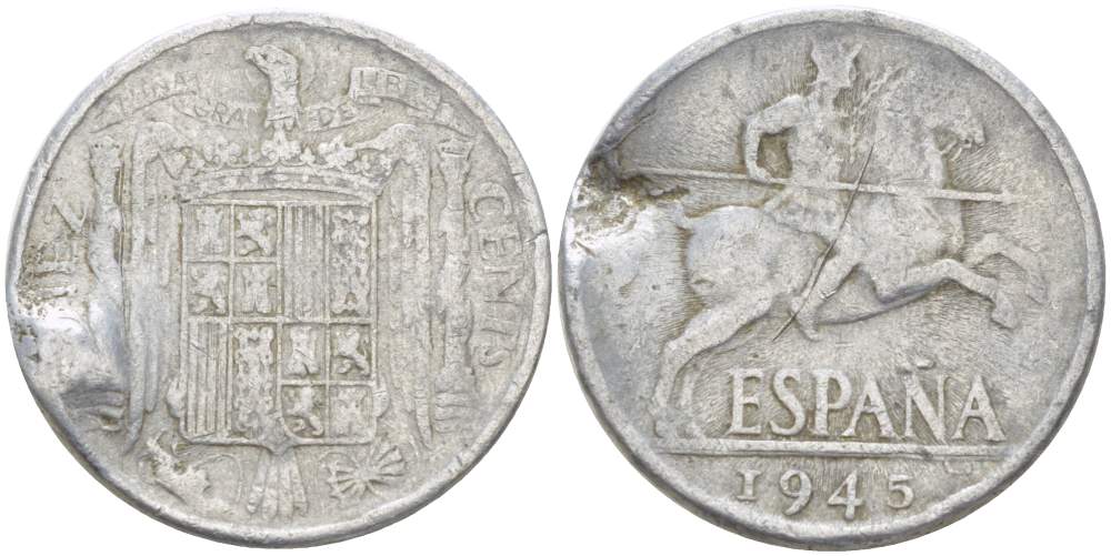 ИСПАНИЯ 10 СЕНТИМО 1945 РЫЦАРЬ НА КОНЕ KM 766 алюминий 4523-451