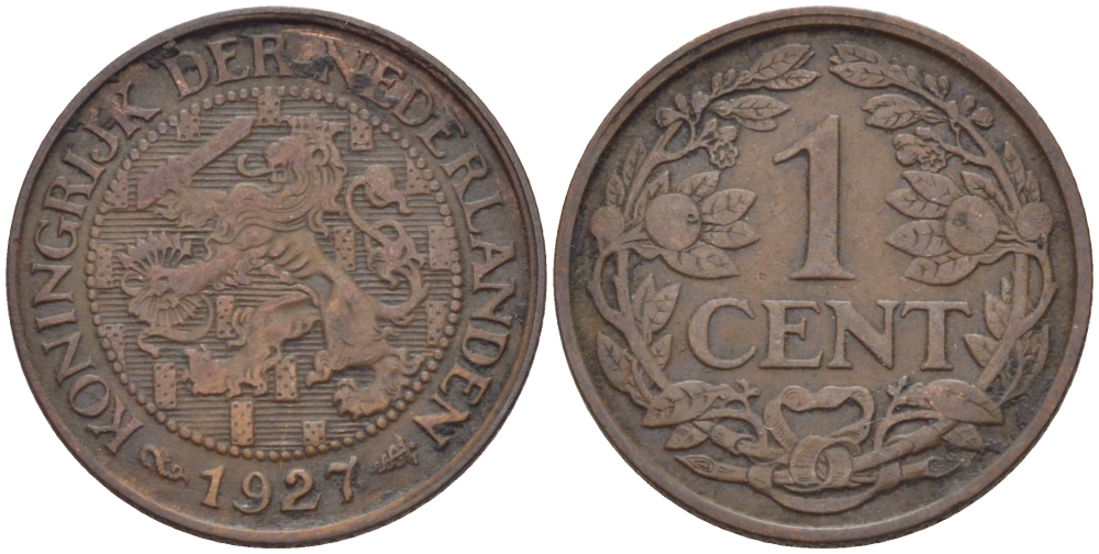 НИДЕРЛАНДЫ 1 ЦЕНТ 1927 ВИЛЬГЕЛЬМИНА (1890-1948) KM 152 бронза 100-1012