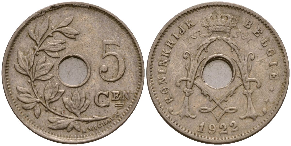 Бельгия 5 сантимов 1922 Король Альберт I (1910 - 1934) KM 67 медно-никель 4549-158