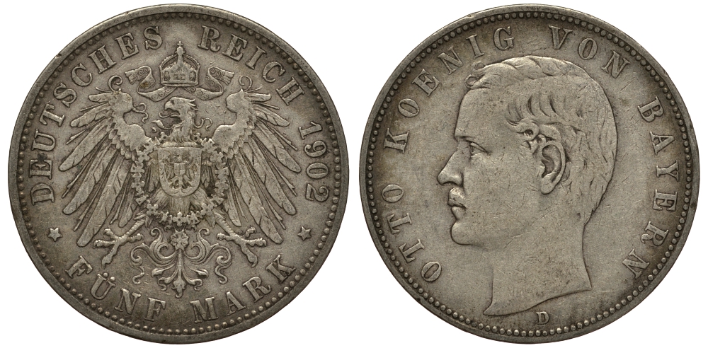Бавария 5 марок 1902 Отто (1886-1913) Weege 47, J. 46, KM 512 серебро 3711-1442