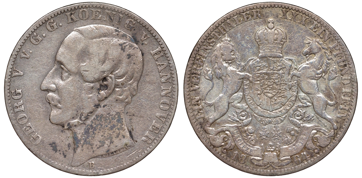 Брауншвейг-Каленберг-Ганновер 1 талер 1864 B, Георг V (1851-1866) KM 230, AKS 144, Dav. 682, Kahnt 239, Thun 174 серебро 00-1067-2-11