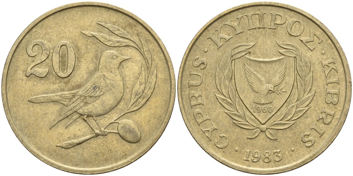 Кипр 20 центов 1983 птичка KM 57.1 никель латунь 4140-715