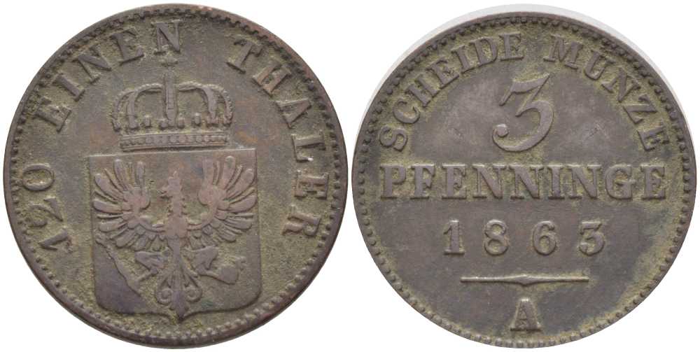 ПРУССИЯ 3 ПФЕННИГА 1863 А, ВИЛЬГЕЛЬМ I (1861-1888) KM 482 медь 117-1056