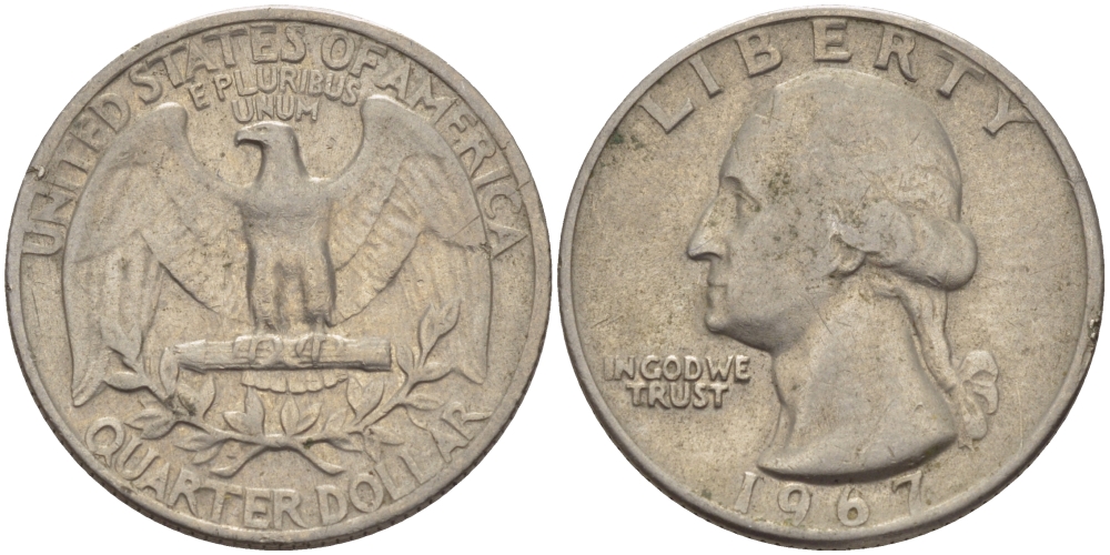 США 25 центов (квотер) 1967 Вашингтон KM 164а медь плакированная медно-никелем 31-721