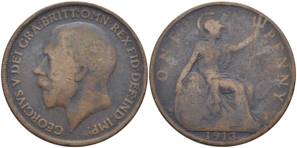 Великобритания 1 пенни 1913 Георг V (1910-1936) KM 810, Spink 4051 бронза 111-1232