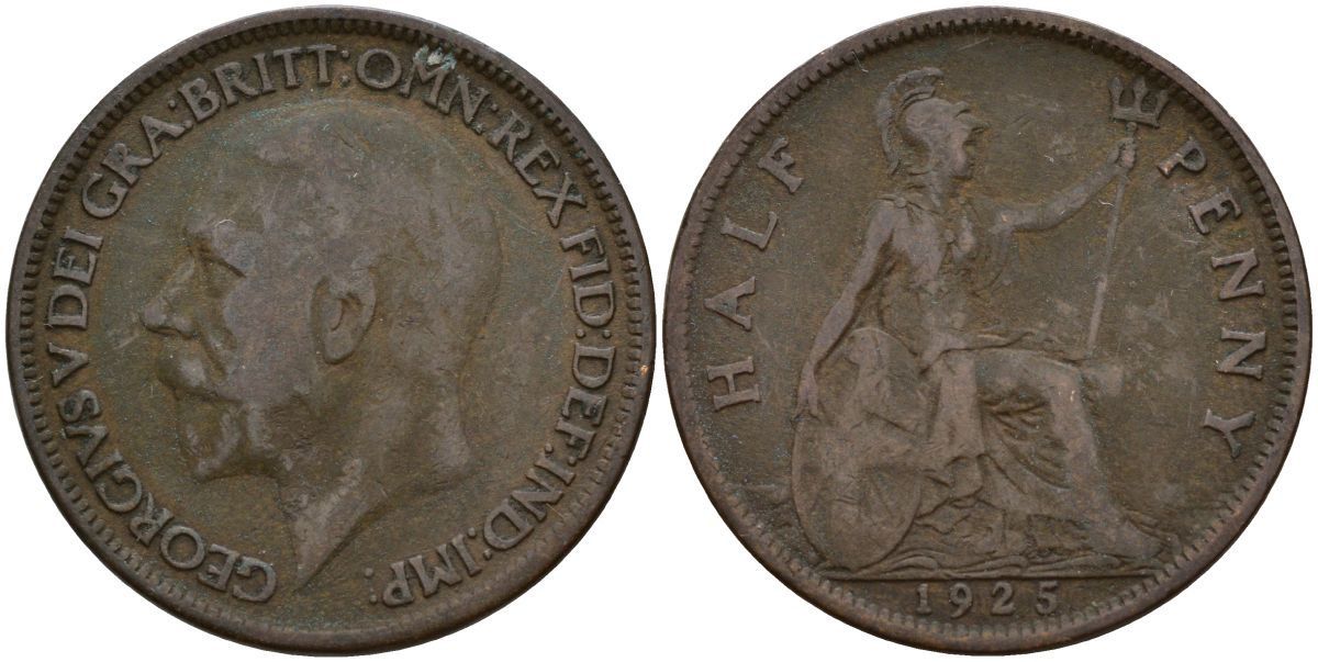 Великобритания 1/2 пенни 1925 Георг V (1910-1936) KM 809, Spink 4056 бронза 4150-723