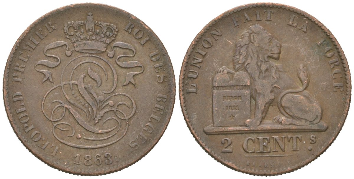 Бельгия 2 сантима 1863 Леопольд I (1831-1865) KM 4.2 медь 4615-655