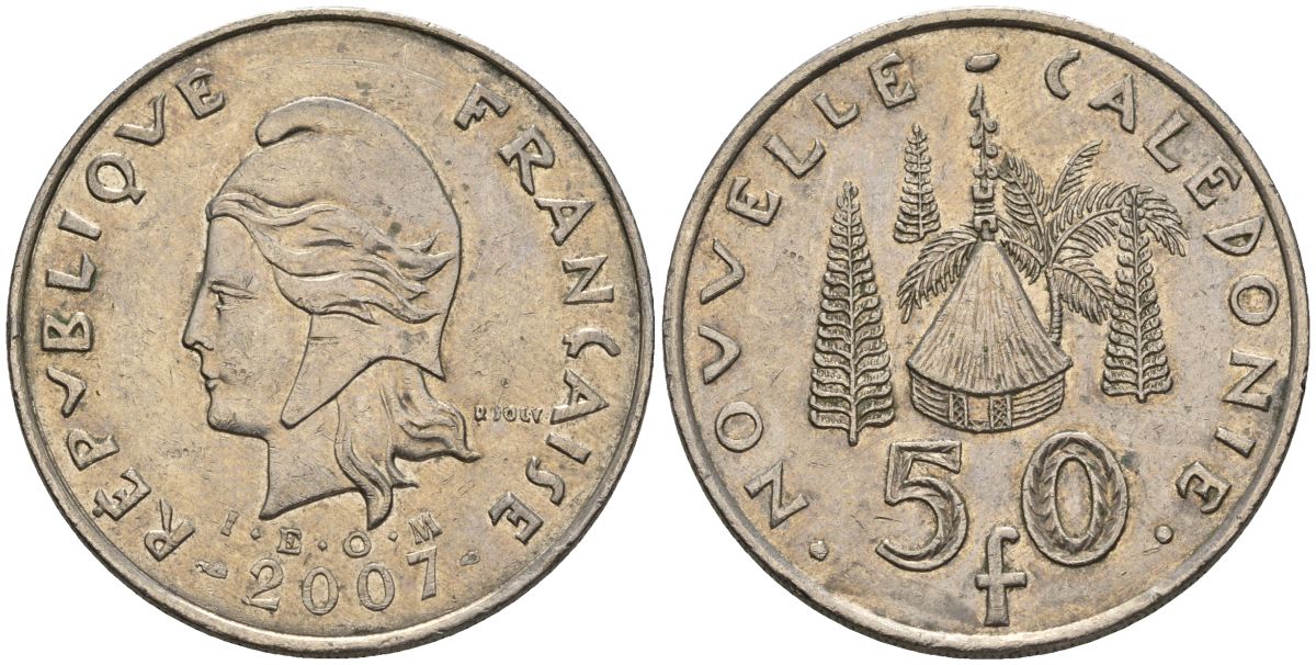 Французская Новая Каледония 50 франков 2007 хижина среди сосен и пальм, (IEOM) KM 13a, Schoen 15a, Lec 128i медно-никель 4144-1115