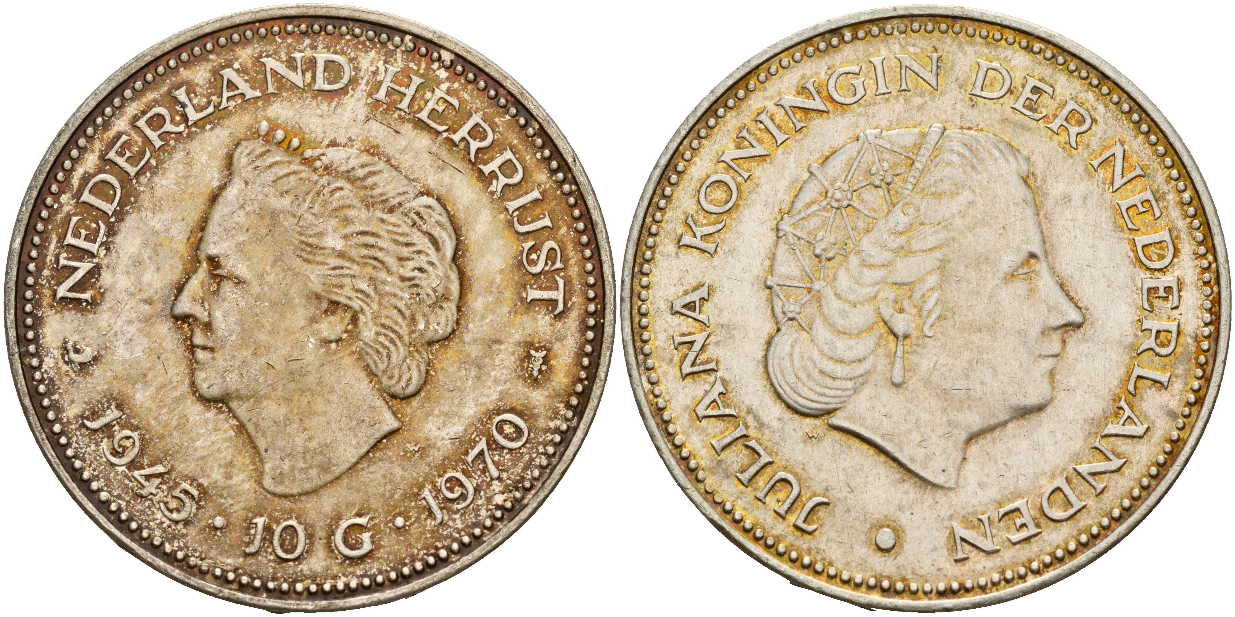 Нидерланды 10 гульденов 1970 25 лет освобождения от фашизма (1945-1970), Юлиана KM 195 серебро 4578-533