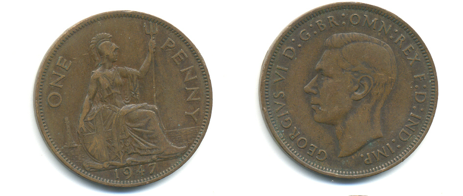 Великобритания 1 пенни 1947 Георг VI (1936-1952) KM 845, Spink 4114 бронза 89-234