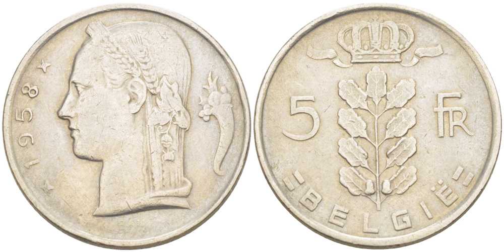 БЕЛЬГИЯ 5 ФРАНКОВ 1958 BELGIE, БОДУЭН I (1951-1993) KM 135.1 медно-никель 202-1151
