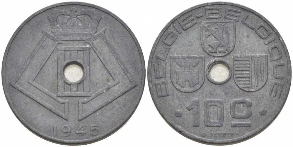 БЕЛЬГИЯ 10 САНТИМОВ 1945 BELGIE-BELGIQUE KM 126 цинк 3718-545