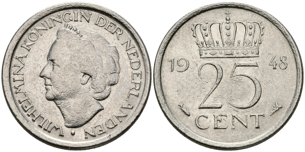 НИДЕРЛАНДЫ 25 ЦЕНТОВ 1948 ВИЛЬГЕЛЬМИНА KM 178 никель 176-852