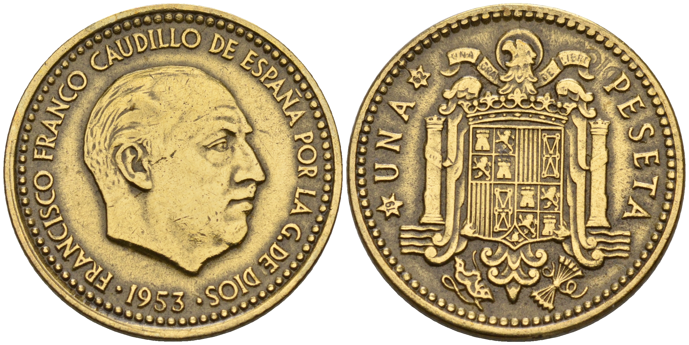 Испания 1 песета 1953 (62) Франсиско Франко (1939-1975) KM 775 алюминиевая бронза    4153-155