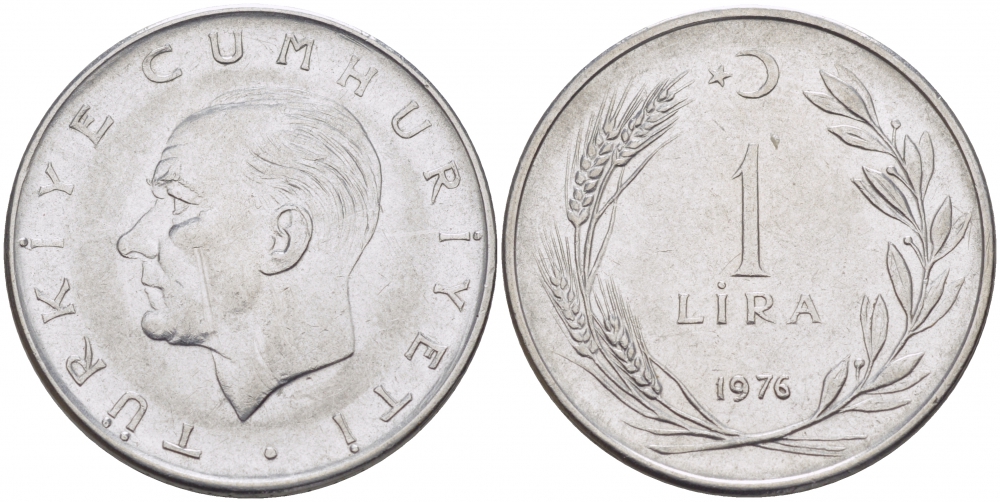 Турция 1 лира 1976 Мустафа Кемаль Ататюрк KM 889а.2 нержавеющая сталь 212-1247