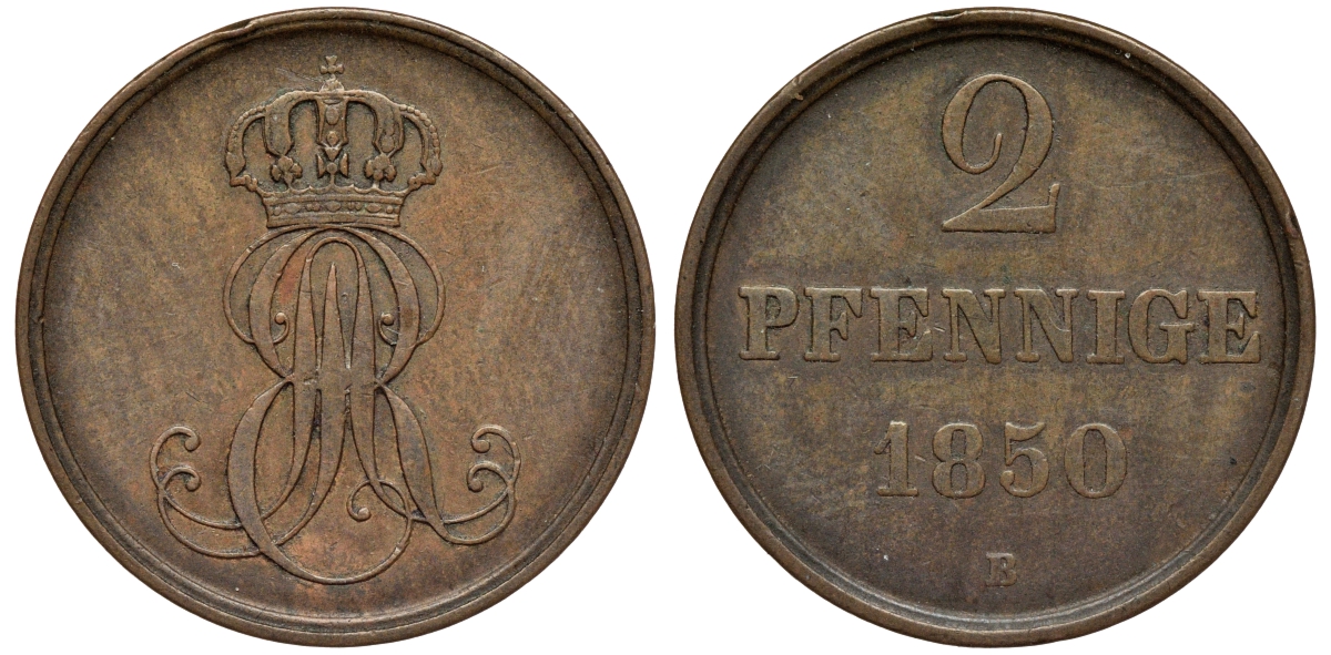 Ганновер 2 пфеннига 1850 B, Эрнст Август (1837-1851) KM 202.1, AKS 124, J. 75 медь 75-1943