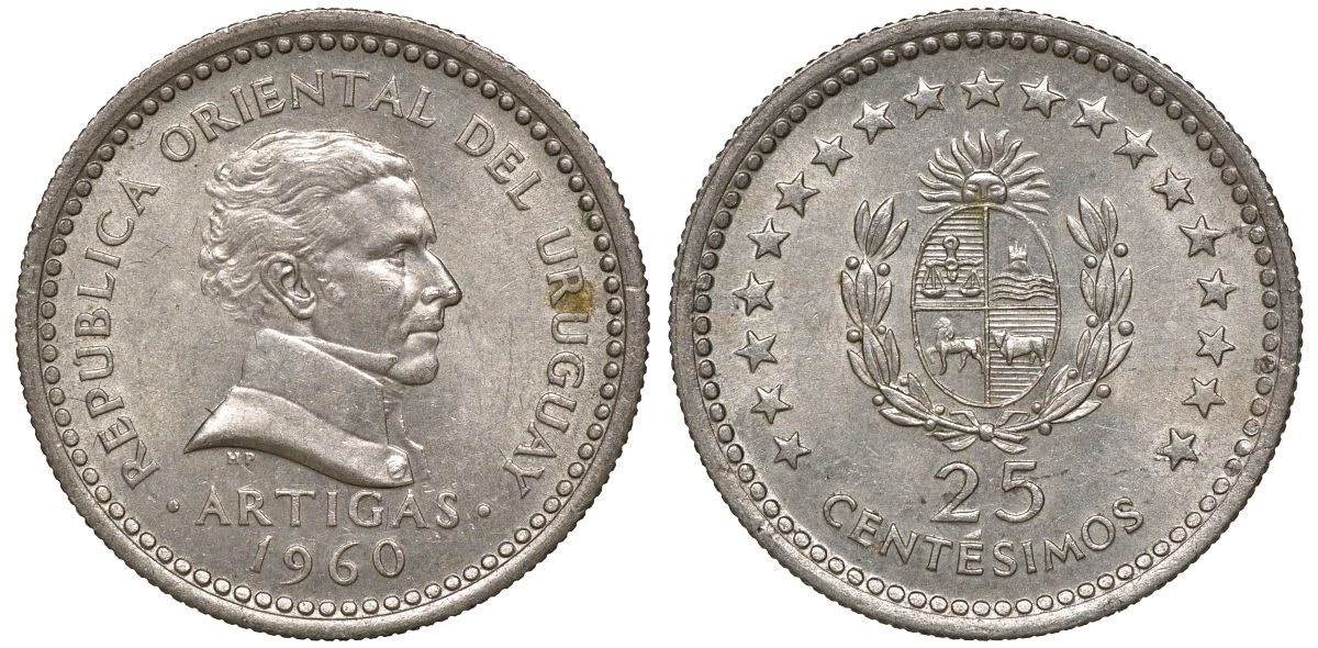Уругвай 25 сентесимо 1960 KM 40 медно-никель 4169-823