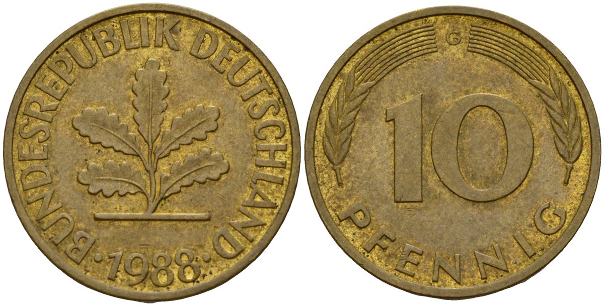 ФРГ 10 пфеннигов 1988 G KM 108, J. 383 сталь плакированная латунью 4189-849