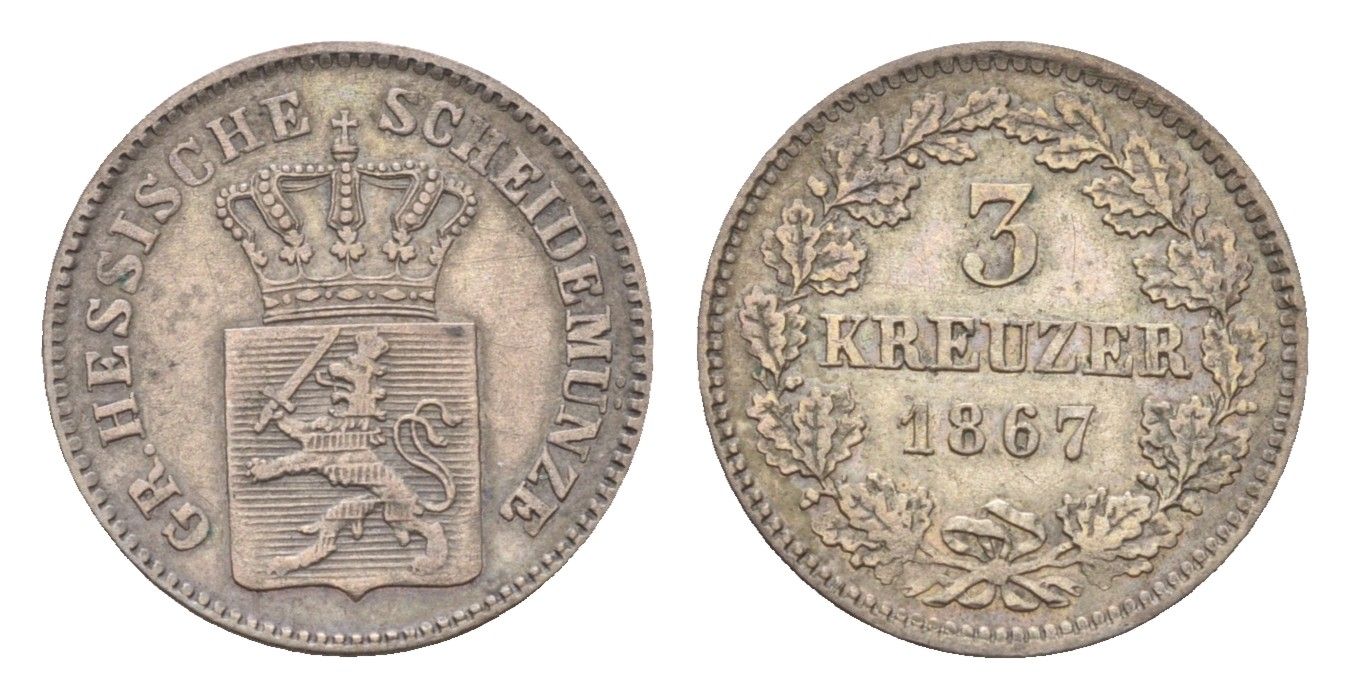 Гессен-Дармштадт 3 крейцера 1867 Людвиг III (1848-1877) KM 345 серебро 1531-1523