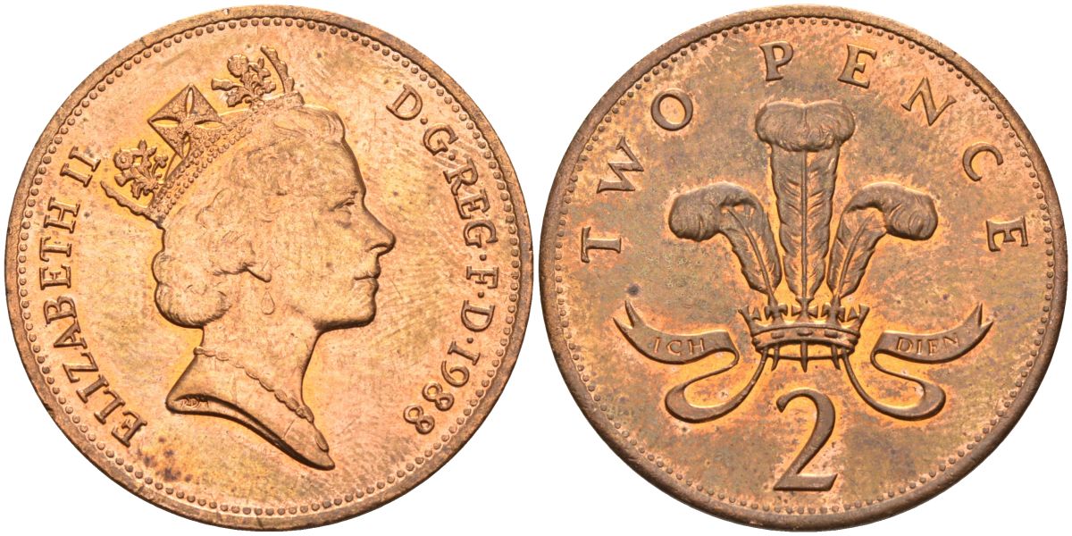 Великобритания 2 пенса 1988 Елизавета II (1952-2022) KM 936, Spink 4376 (C3) бронза 4593-842