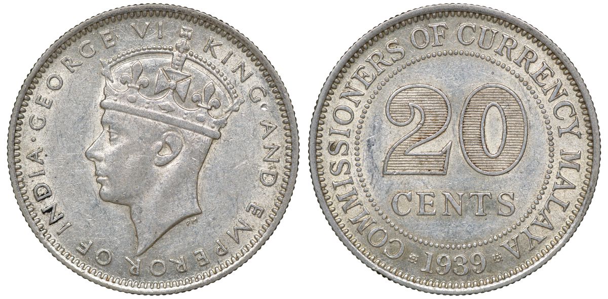 Британская Малайя 20 центов 1939 Георг VI (1937-1952) KM 5 серебро 53-421
