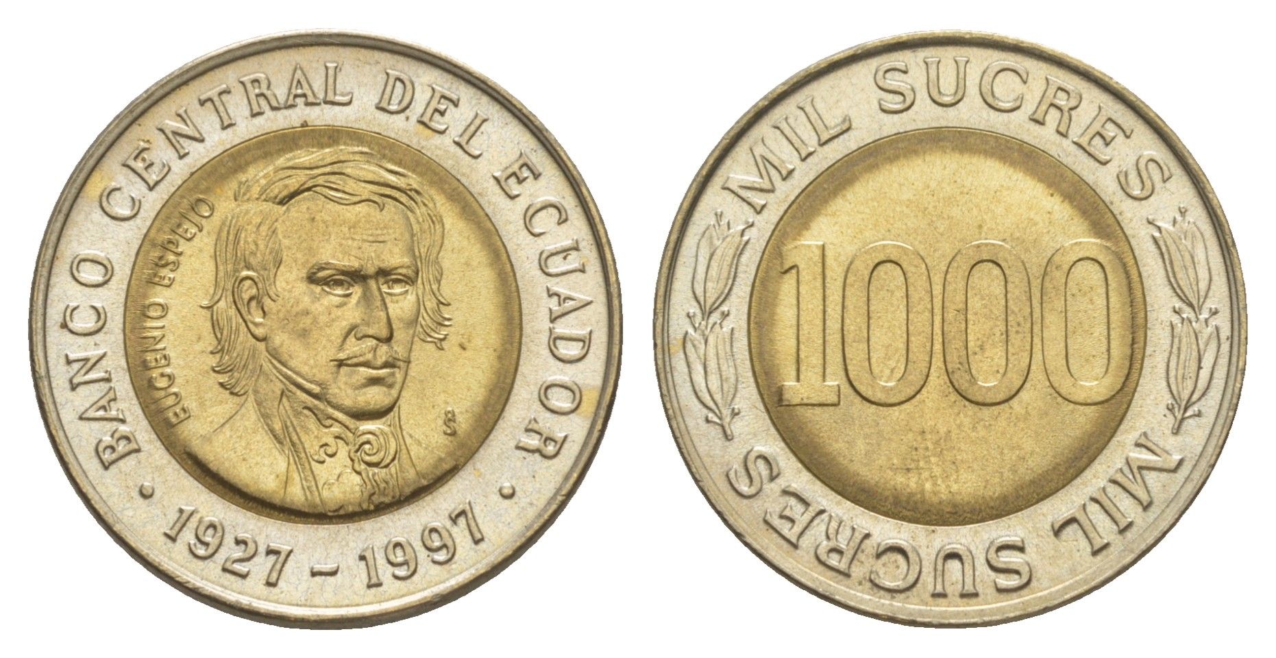 Эквадор 1000 сукре 1997 70 лет Центробанку KM 103 биметалл UNC 4641-741