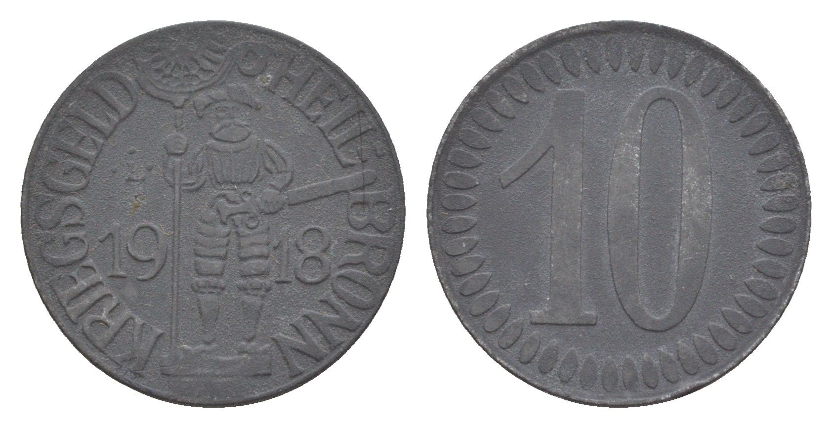 Хейльбронн 10 пфеннигов 1918 Funck 204.3, Men05 11235.3, Men18 14079.3 цинк 4448-1134