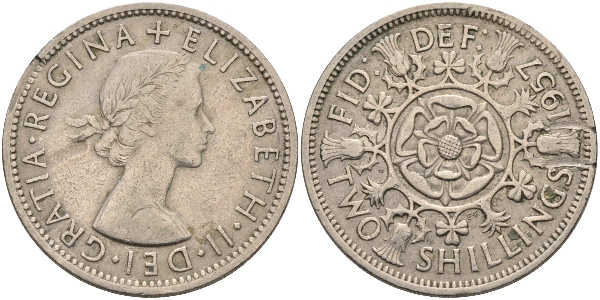 Великобритания 2 шиллинга (флорин) 1957 Елизавета II (1952-2022) KM 906, Spink 4146 медно-никель 4587-933