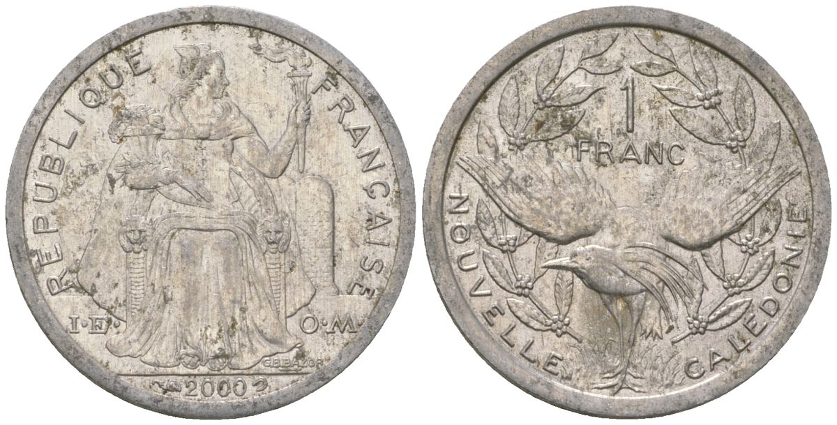 Французская Новая Каледония 1 франк 2000 птица кагу, (IEOM) KM 10, Schoen 10, Lec 52e алюминий 41-1051