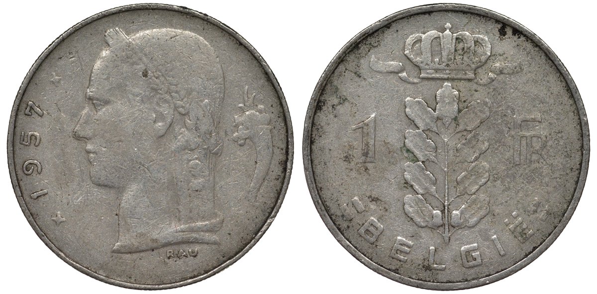 Бельгия 1 франк 1957 BELGIE KM 143 медно-никель 4128-917