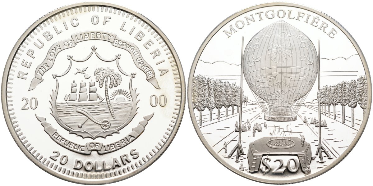 Либерия 20 долларов 2000 серия история авиации, монгольфьер (воздушный шар) KM 480 серебро PROOF 04-321-23