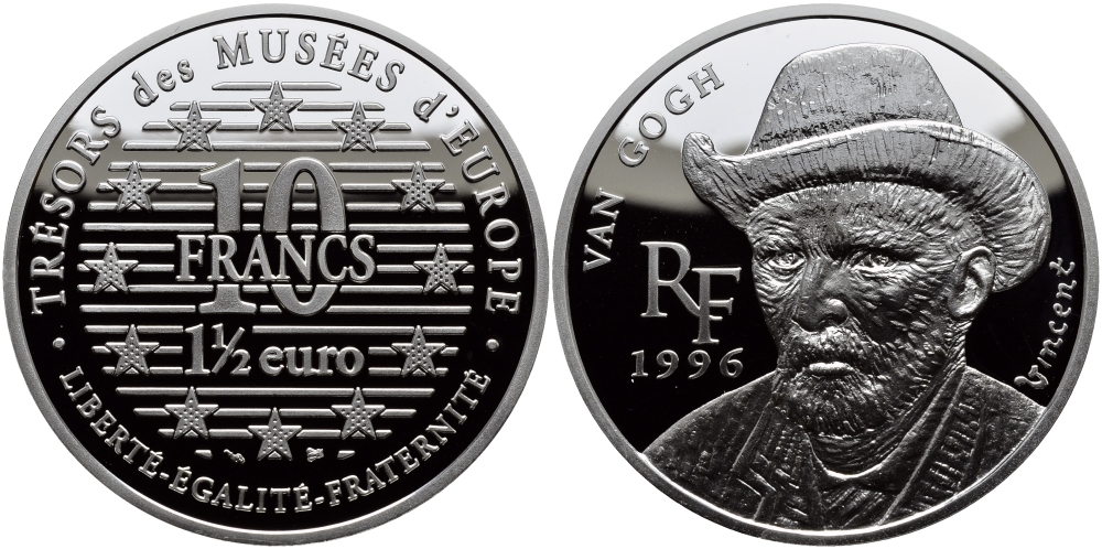 Франция 10 франков = 1 1/2 евро 1996 серия сокровища музеев Европы, Винсент Ван Гог KM 1147 серебро PROOF 1076-7-32