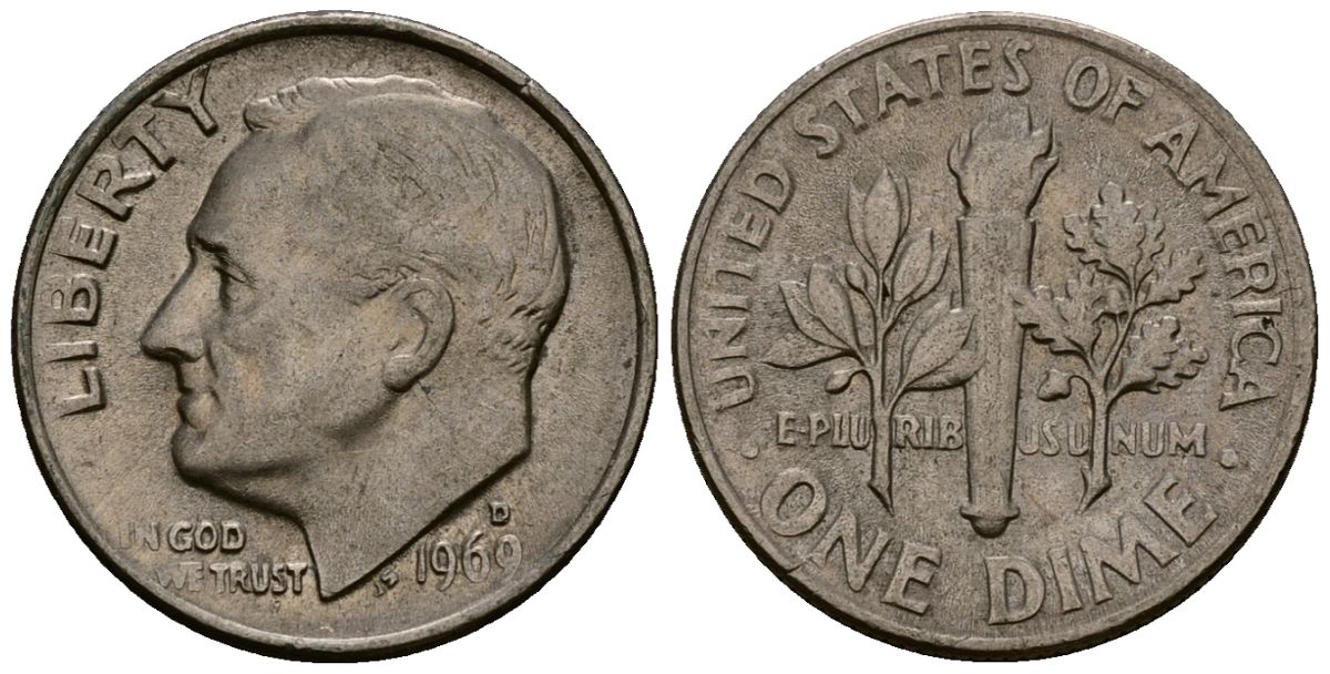 США 10 центов (дайм) 1969 Рузвельт, D KM 195a медь плакированная медно-никелем 4164-947