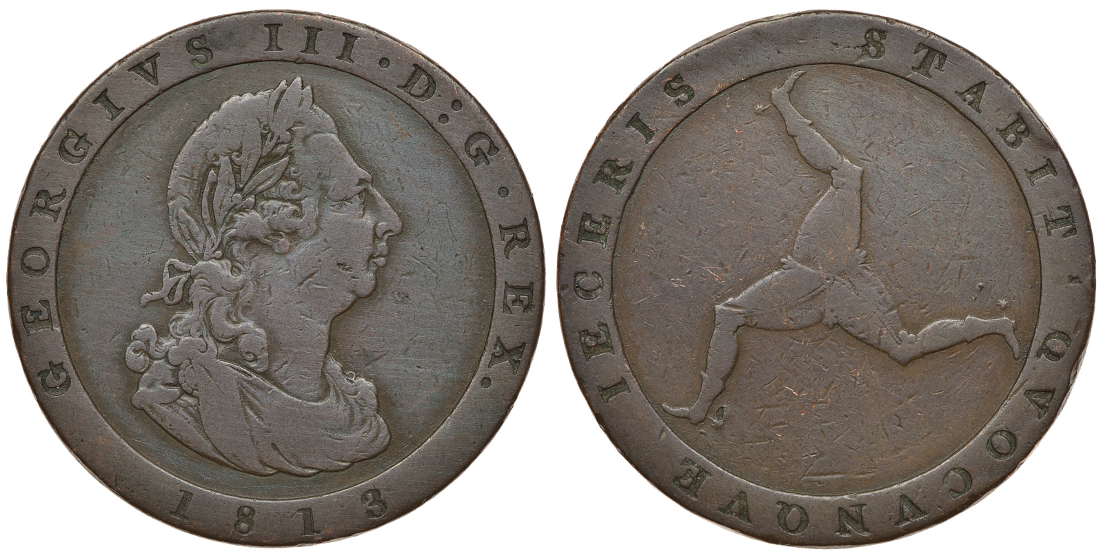 ОСТРОВ МЭН 1 ПЕННИ 1813 ГЕОРГ III, БОЛЬШОЙ ФОРМАТ KM 11 медь 650-211