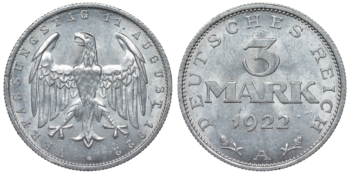 Германия 3 марки 1922 A, третья годовщина Веймарской Конституции KM 29, J. 303 алюминий 4123-135
