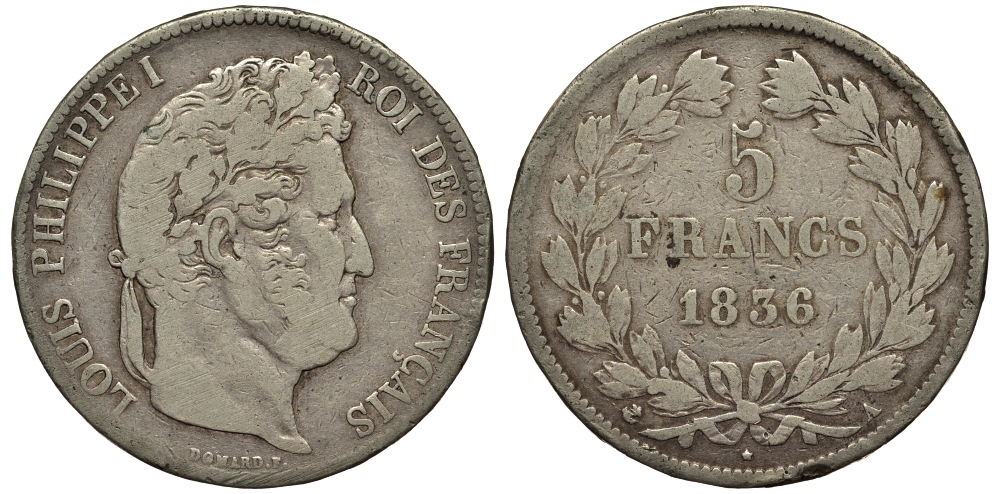 Франция 5 франков 1836 А, Луи Филипп I (1830-1848) KM 749.1 серебро    1530-1013