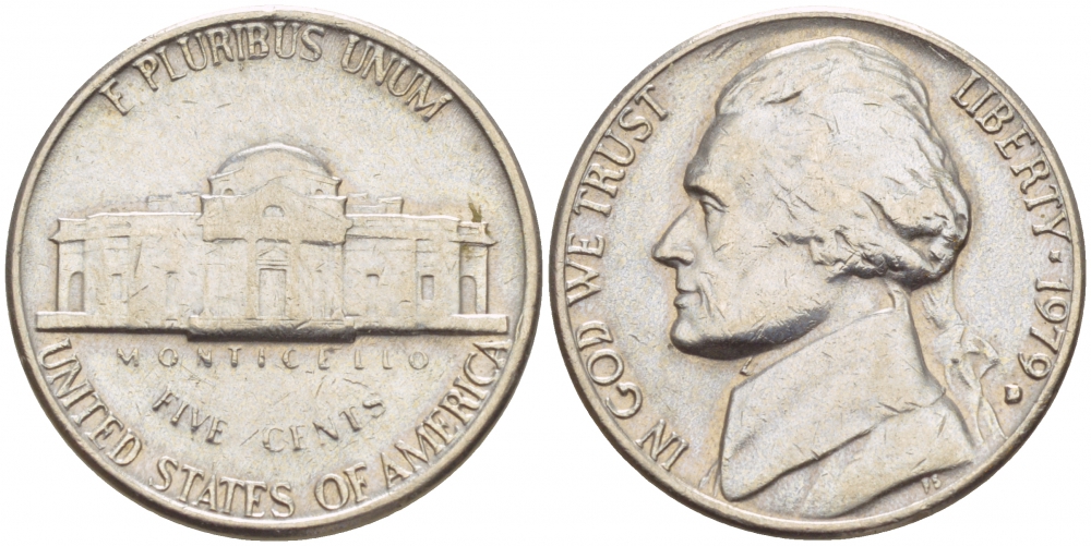 США 5 ЦЕНТОВ 1979 D ДЖЕФФЕРСОН KM А192 медно-никель 4546-1152