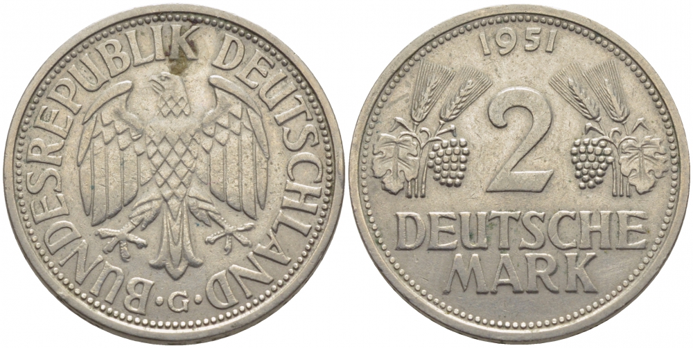 ФРГ 2 марки 1951 G J 386, KM 111 медно-никель плакированный никелем 4127-314