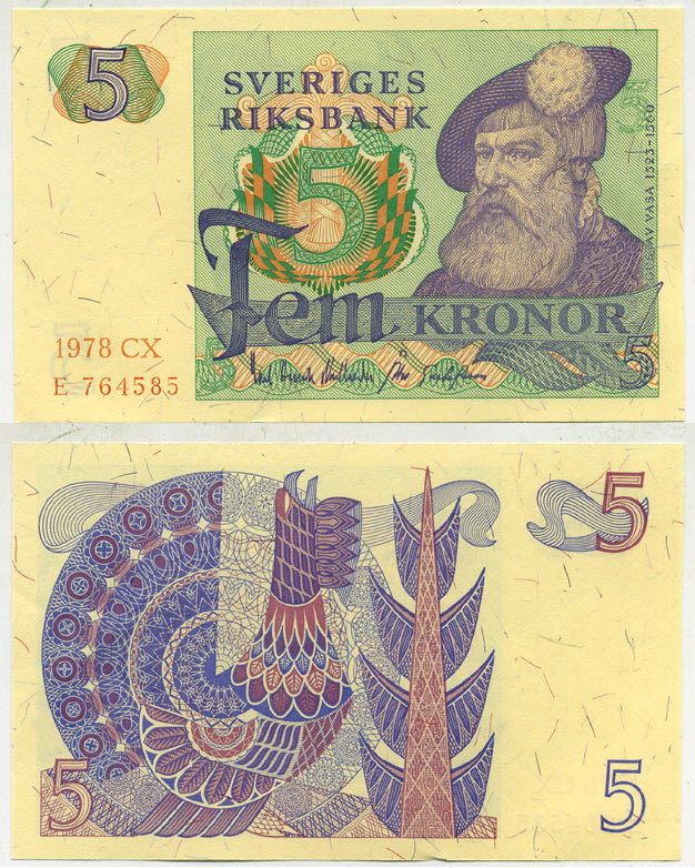 Швеция 5 крон 1978 CX, Густав I Ваза Pick 51d бумага aUNC 444-122-3-1