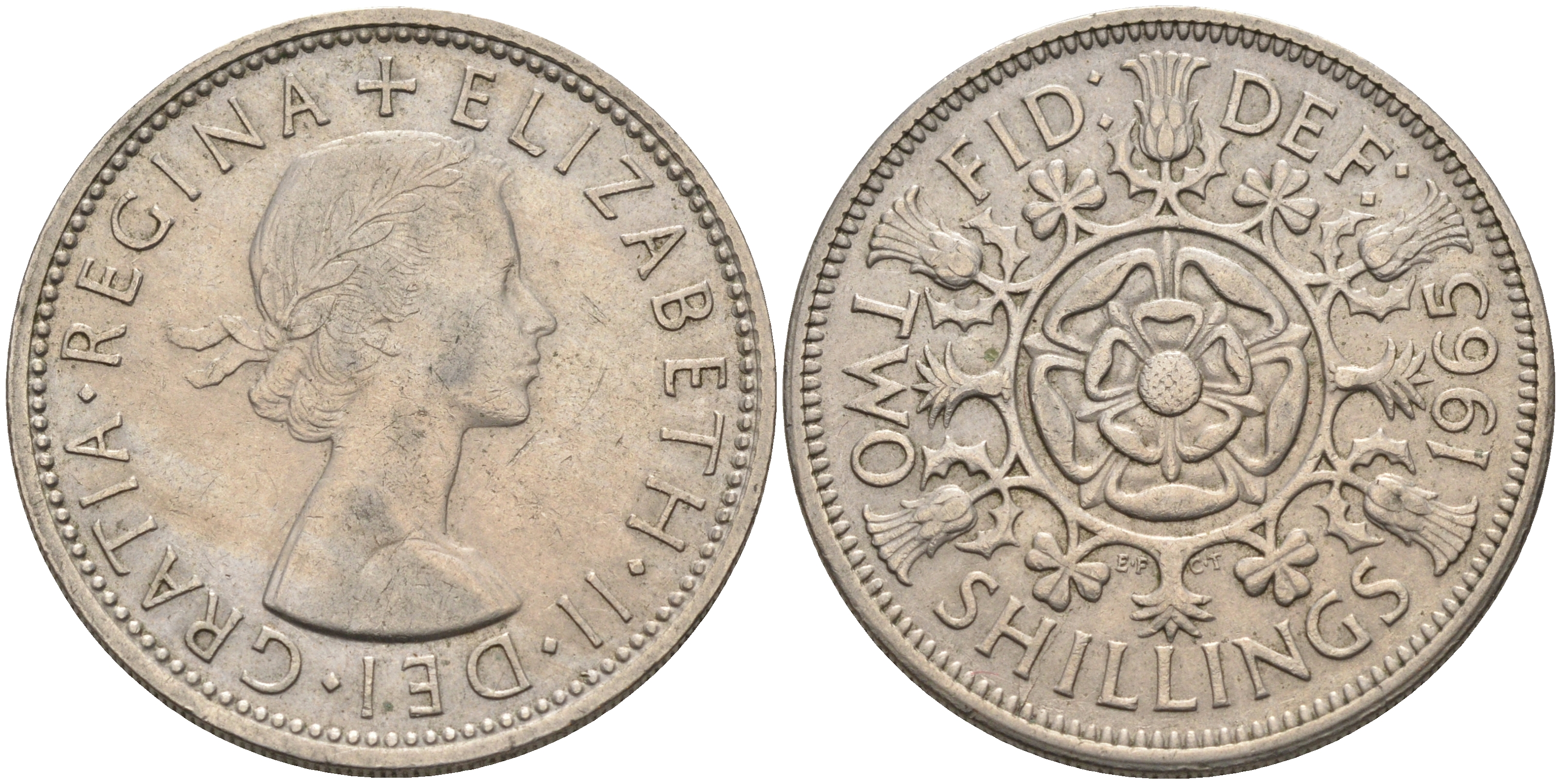 Великобритания 2 шиллинга (флорин) 1965 Елизавета II (1952-2022) KM 906, Spink 4146 медно-никель    4117-426