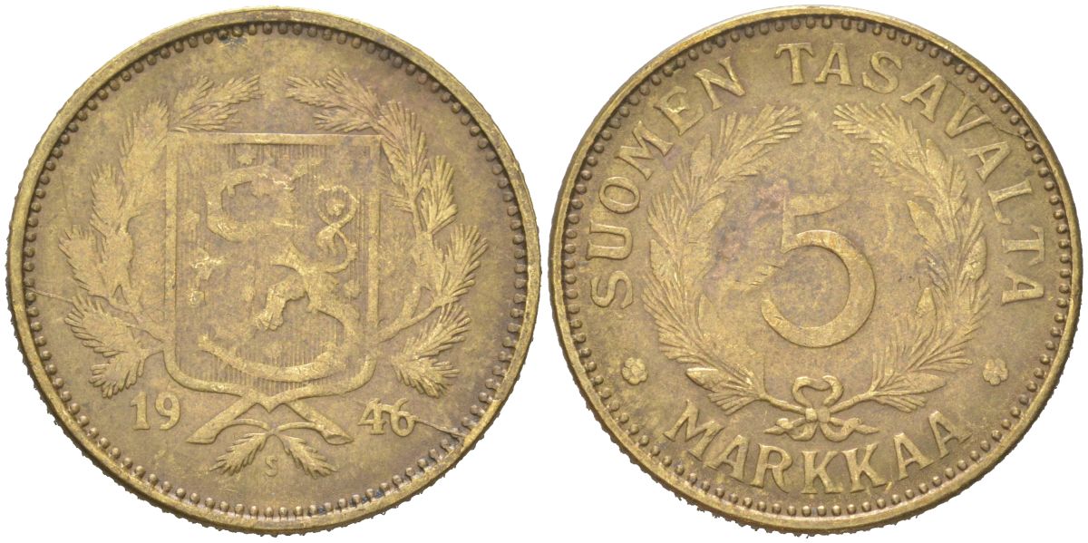 Финляндия 5 марок 1946 S KM 31a латунь 4613-1117