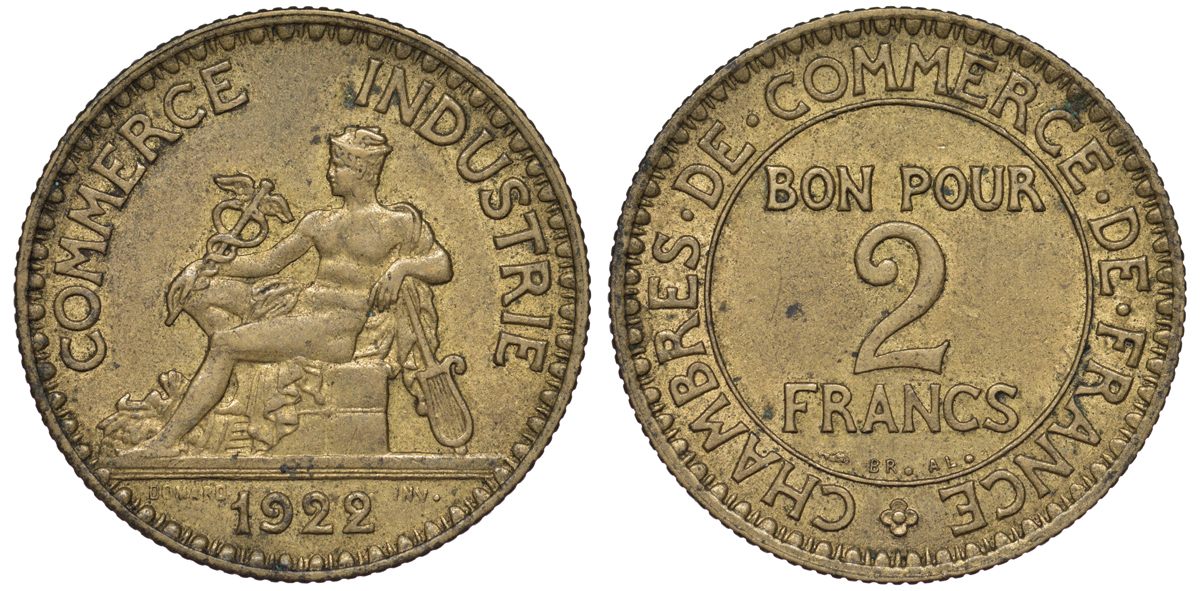 Франция 2 франка 1922 тип Chambres de Commerce KM 877, LE FRANC 267.4 алюминиевая бронза 3334-816