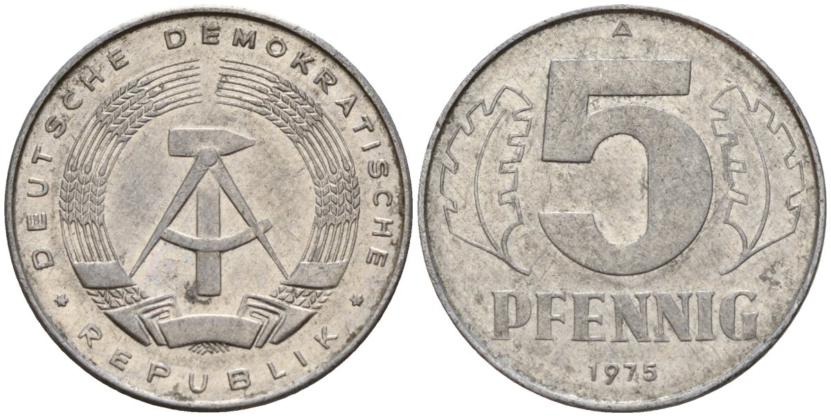 ГДР 5 пфеннигов 1975 A KM 9.1 алюминий 218-864