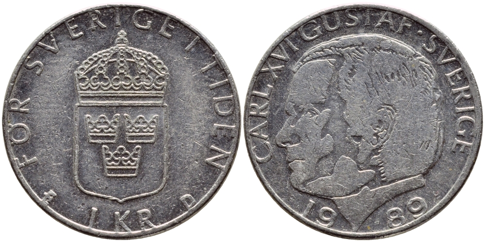 Швеция 1 крона 1989 Карл XVI Густав (1973- ) KM 852a медно-никель 4397-1243