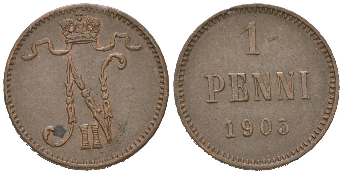 Россия для Финляндии 1 пенни 1905 Николай II (1894-1917) Биткин 466 медь 4615-338