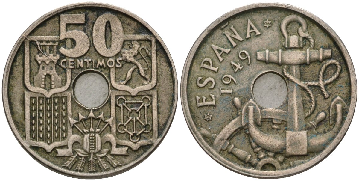 Испания 50 сентимо 1949 (56) Франко (1939-1975), морская атрибутика KM 777 медно-никель 4604-533