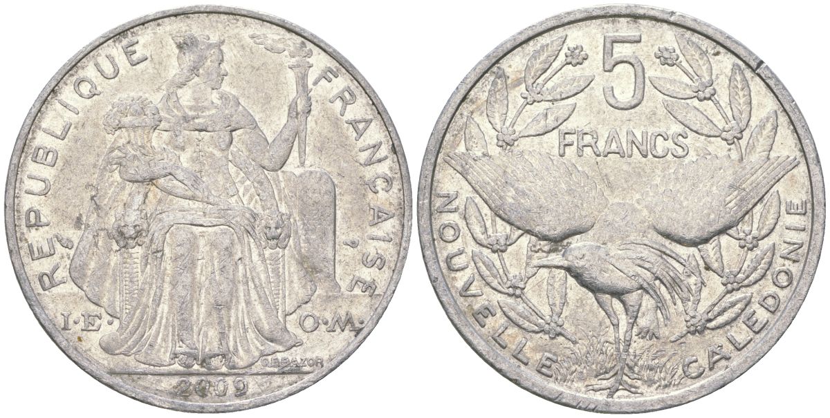 Французская Новая Каледония 5 франков 2009 птица кагу, (IEOM) KM 16, Schoen 12, Lec 81k алюминий 221-843