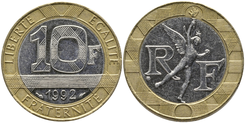 Франция 10 франков 1992 тип гений Бастилии KM 964.1, Le Frank 375.8 биметалл 65-1035