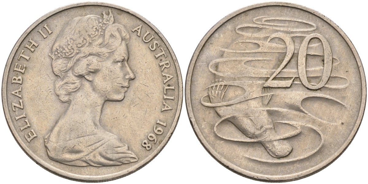 Австралия 20 центов 1968 Елизавета II (1952-2022), утконос KM 66 медно-никель 4131-844